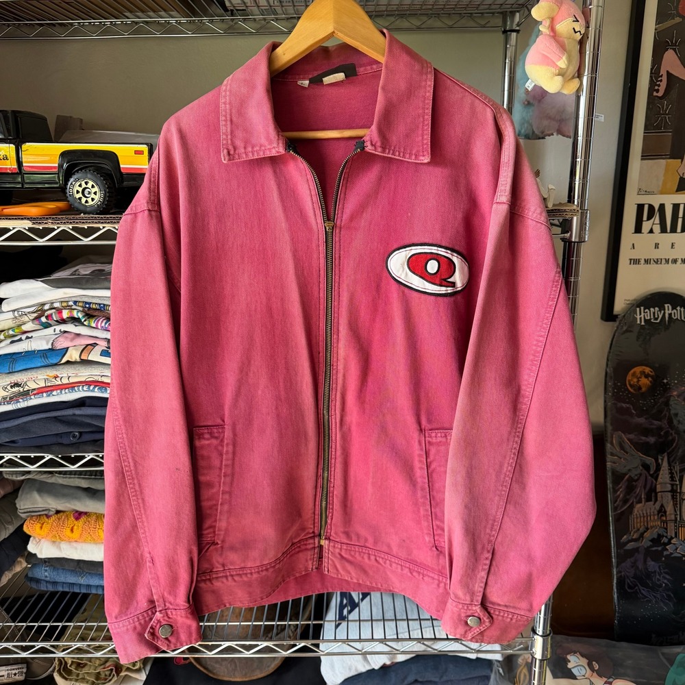 Vintage Q Ambient Mens Faded Red Cotton Twill Zip Up Work Jacket Skate Large‎